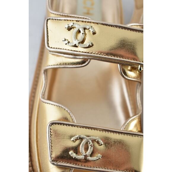 Chanel 22C Golden Gold Laminated CC Logo Mule Slide Strap Flat Dad Sandal 36 - Picture 5 of 12